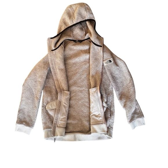 The North Face women’s light mauve fuzzy Sherpa hoodie zip jacket Sz S - Picture 2 of 7